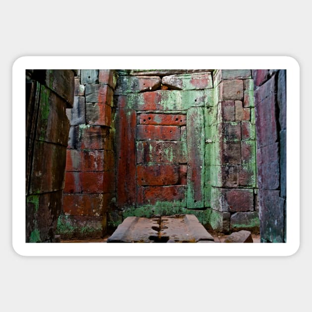 In an old Angkor temple with walls colored by nature. Sticker by Lieyim